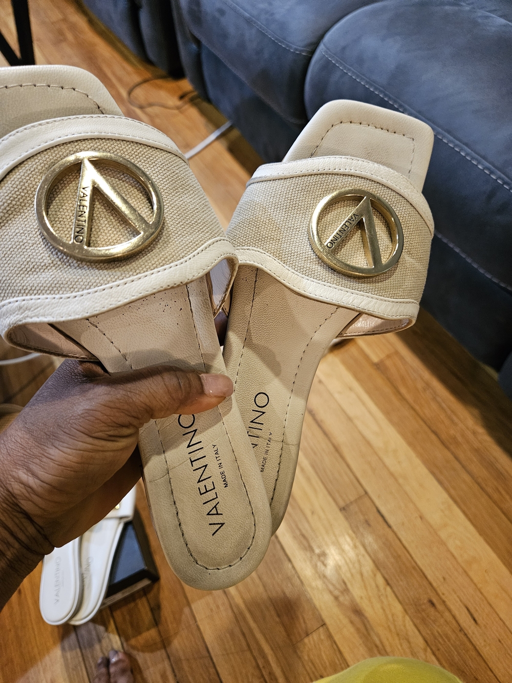 Valentino Cream Canvas Logo Slide Sandals with Gold Emblem